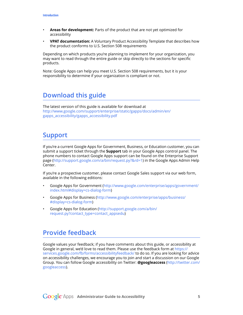 Download this guide, Support, Provide feedback | Google Accessibility Administrator Guide User Manual | Page 5 / 21