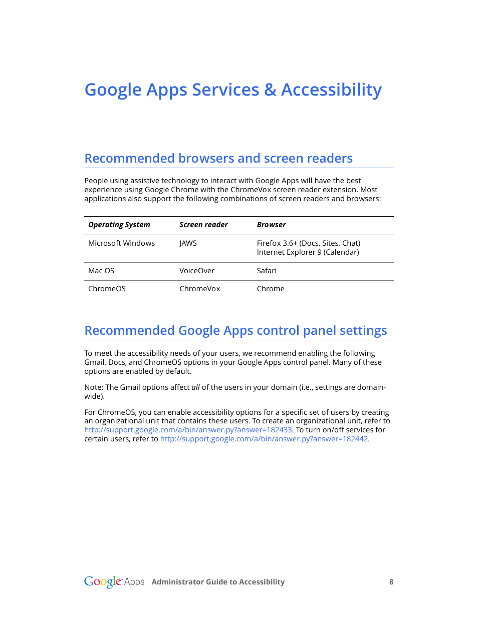 Google apps services & accessibility, Recommended browsers and screen readers, Recommended google apps control panel settings | Google Accessibility Administrator Guide User Manual | Page 8 / 21