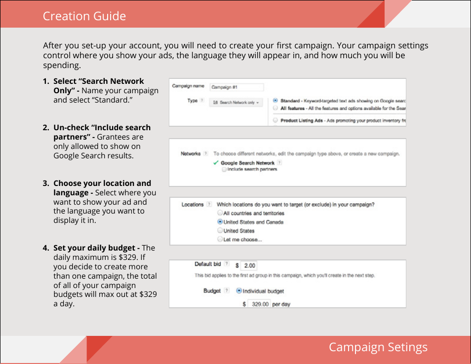 Creation guide campaign setings | Google Ad Grants Nonprofit Guide User Manual | Page 10 / 21