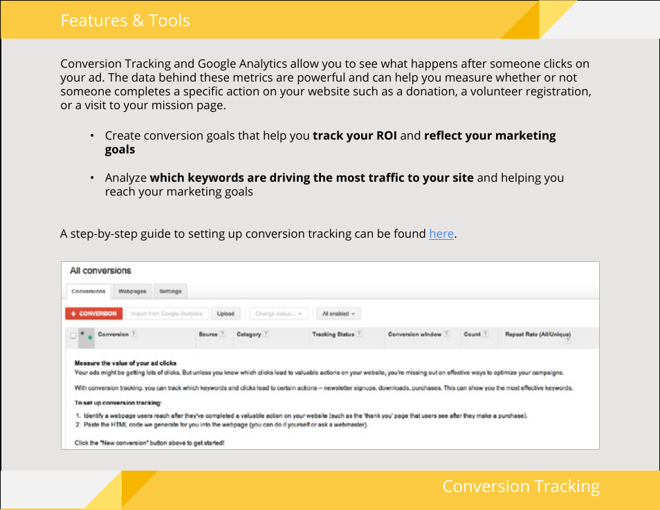 Features & tools conversion tracking | Google Ad Grants Nonprofit Guide User Manual | Page 17 / 21