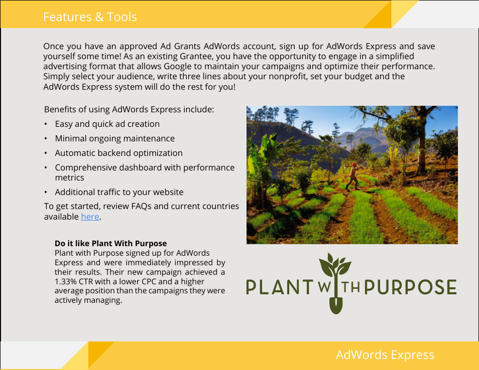 Features & tools adwords express | Google Ad Grants Nonprofit Guide User Manual | Page 18 / 21