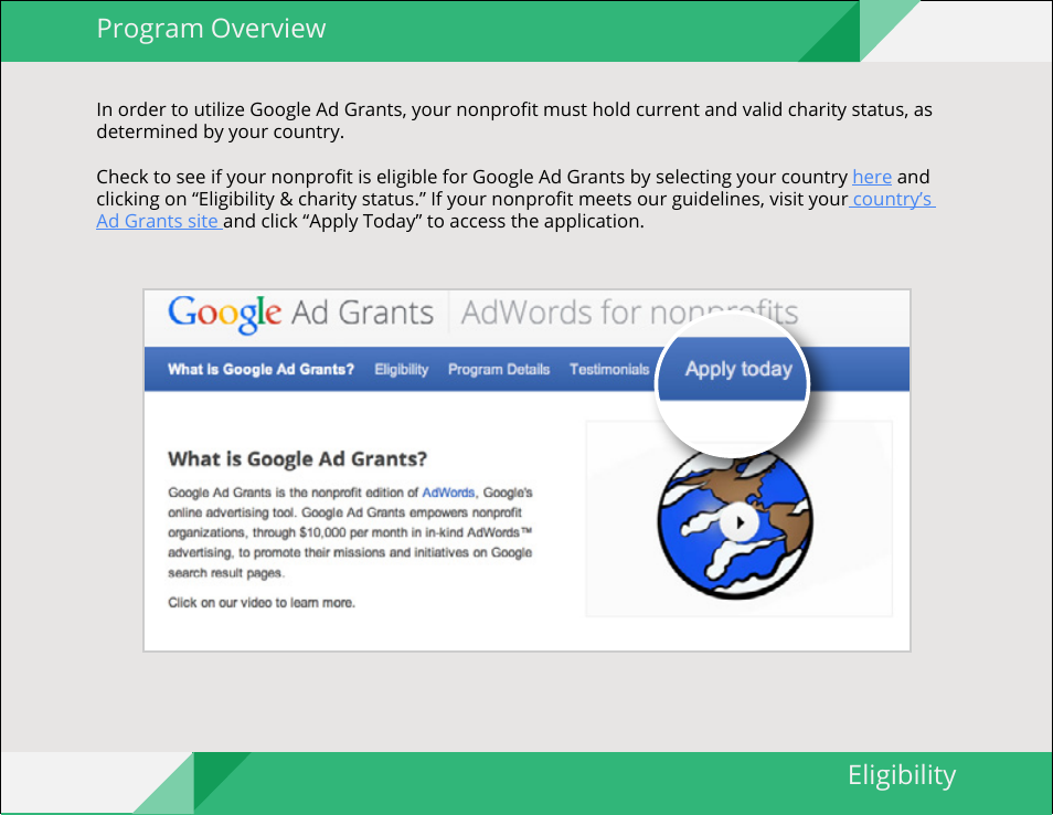 Nonprofit guide, Program overview eligibility | Google Ad Grants Nonprofit Guide User Manual | Page 6 / 21