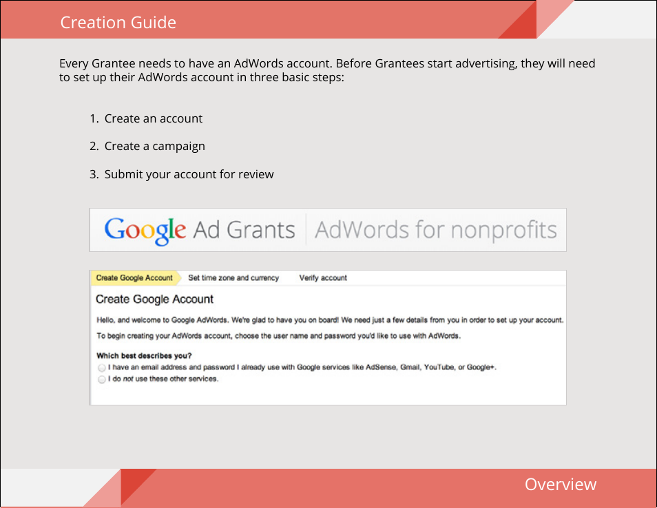 Creation guide, Overview | Google Ad Grants Nonprofit Guide User Manual | Page 8 / 21