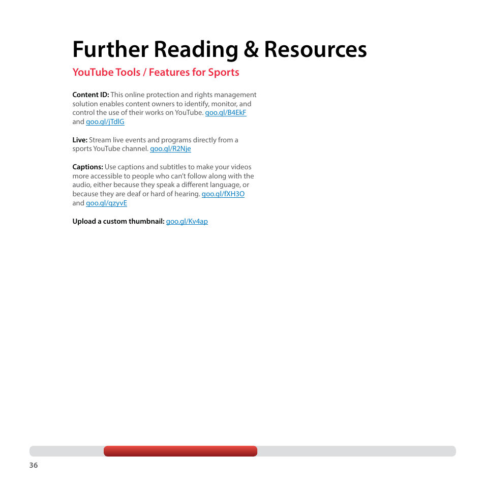 Further reading & resources, Youtube tools / features for sports | Google YouTube Creator Playbook Guide Sports User Manual | Page 36 / 39
