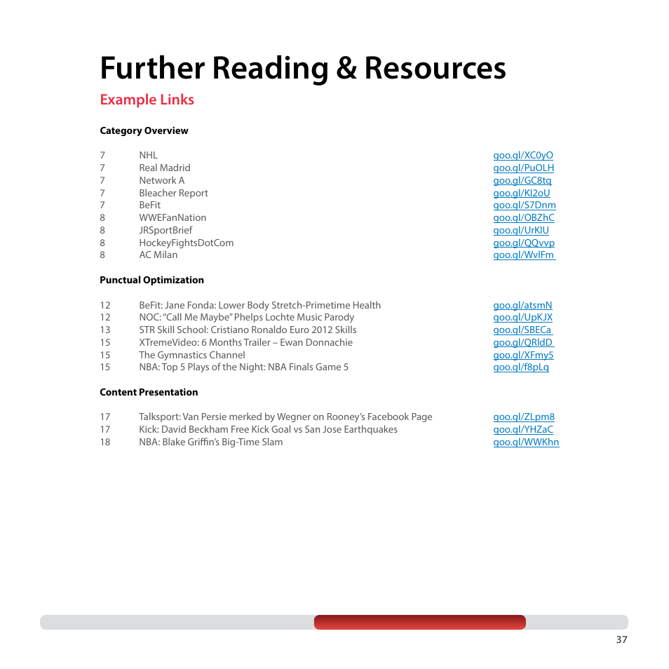 Further reading & resources, Example links | Google YouTube Creator Playbook Guide Sports User Manual | Page 37 / 39