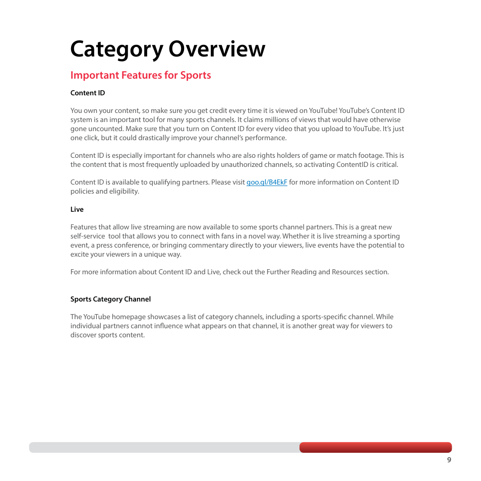 Category overview, Important features for sports | Google YouTube Creator Playbook Guide Sports User Manual | Page 9 / 39