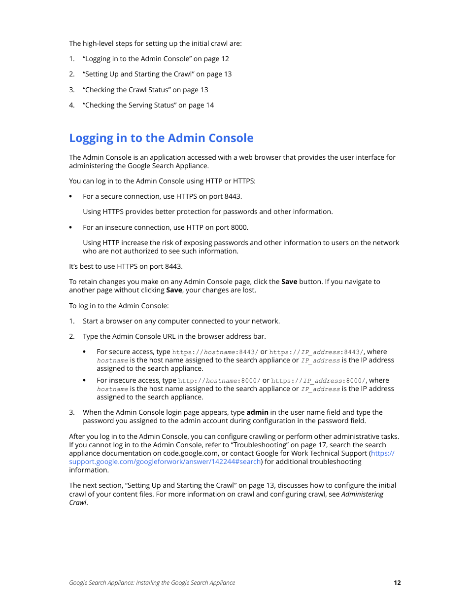 Logging in to the admin console | Google Search Appliance Installing the Google Search Appliance User Manual | Page 12 / 23