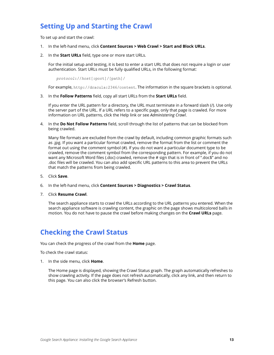 Setting up and starting the crawl, Checking the crawl status | Google Search Appliance Installing the Google Search Appliance User Manual | Page 13 / 23