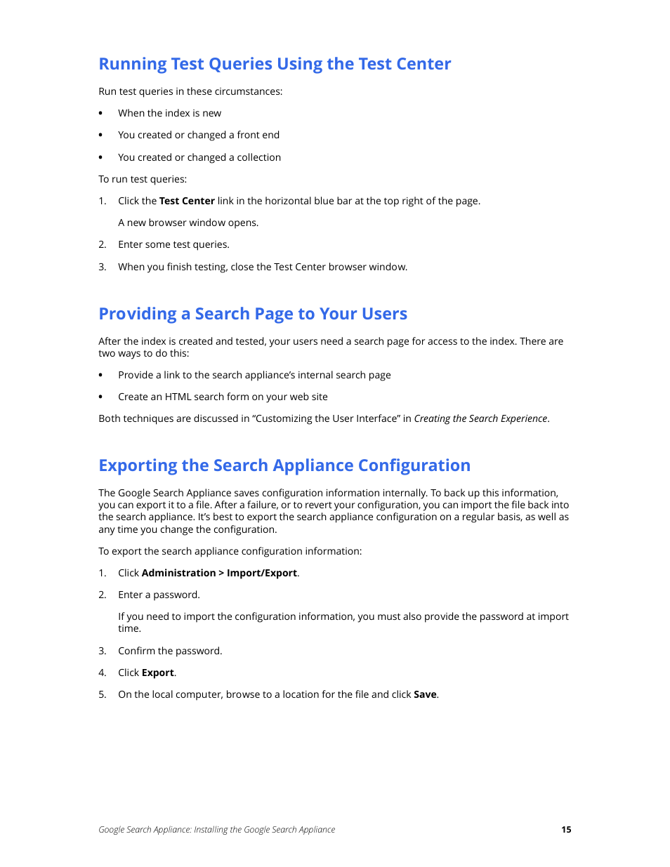 Running test queries using the test center, Exporting the search appliance configuration, Providing a search page to your users | Google Search Appliance Installing the Google Search Appliance User Manual | Page 15 / 23