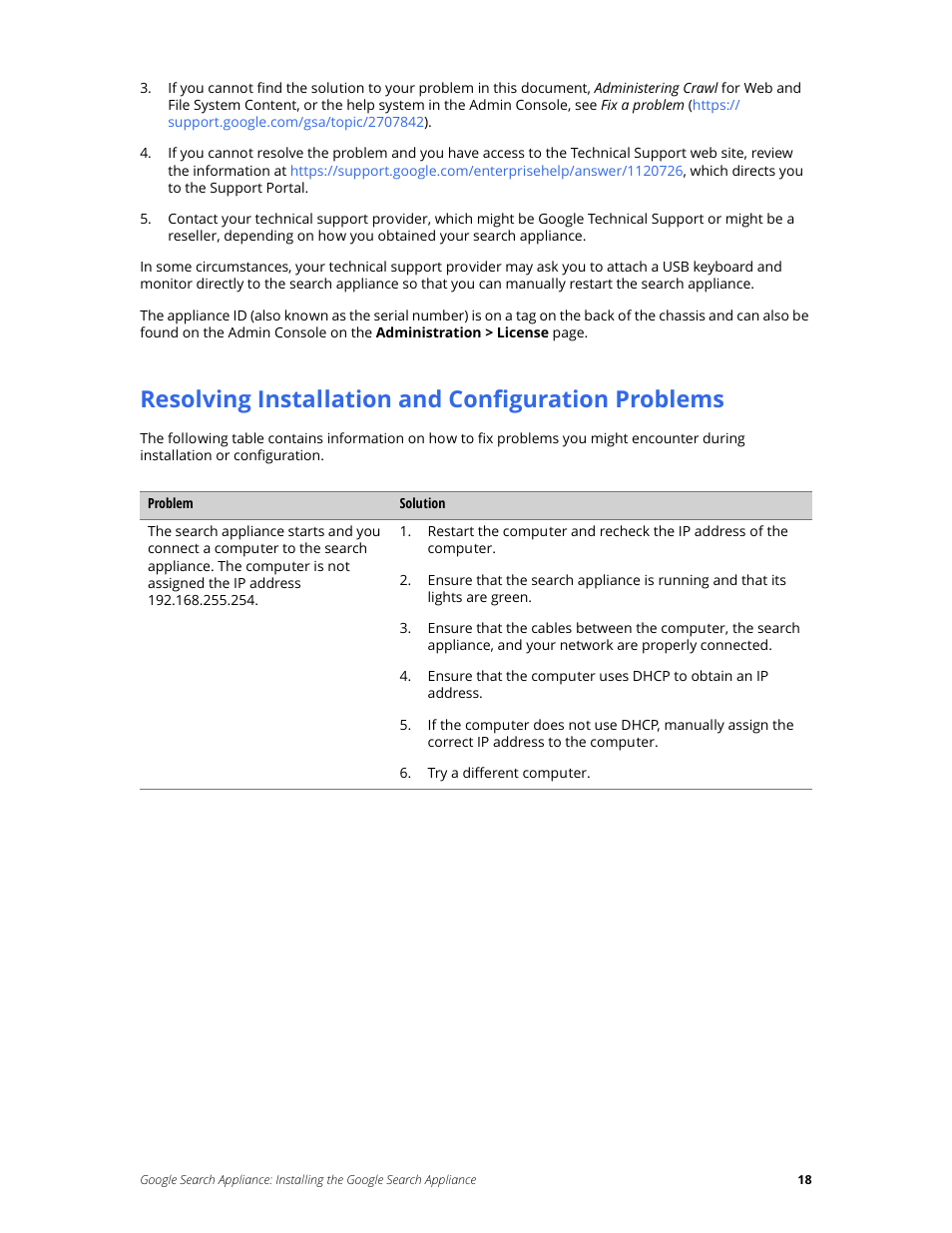 Resolving installation and configuration problems | Google Search Appliance Installing the Google Search Appliance User Manual | Page 18 / 23