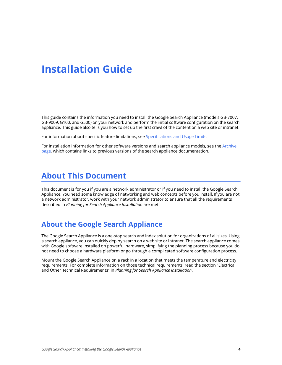 Installation guide, About this document, About the google search appliance | Google Search Appliance Installing the Google Search Appliance User Manual | Page 4 / 23