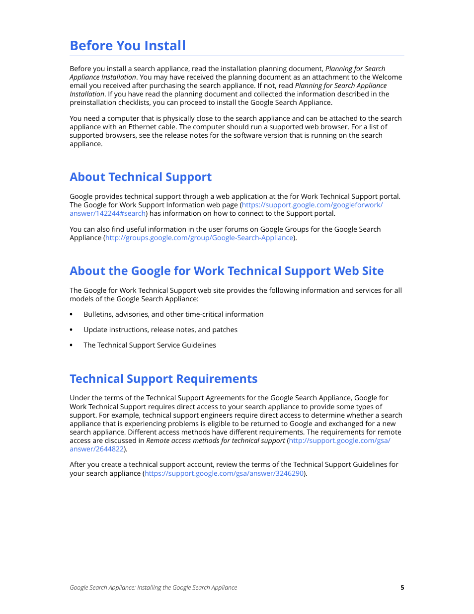Before you install, About technical support, Technical support requirements | Google Search Appliance Installing the Google Search Appliance User Manual | Page 5 / 23
