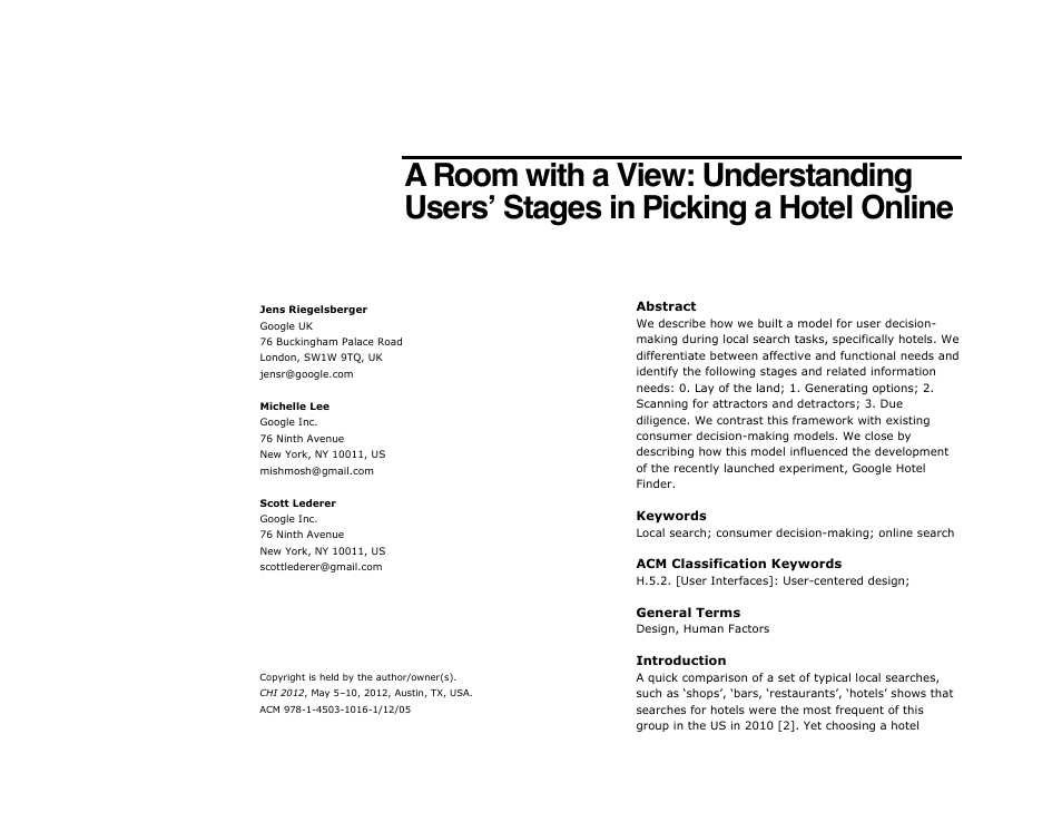 Google A Room with a View: Understanding Users Stages in Picking a Hotel Online User Manual | 4 pages