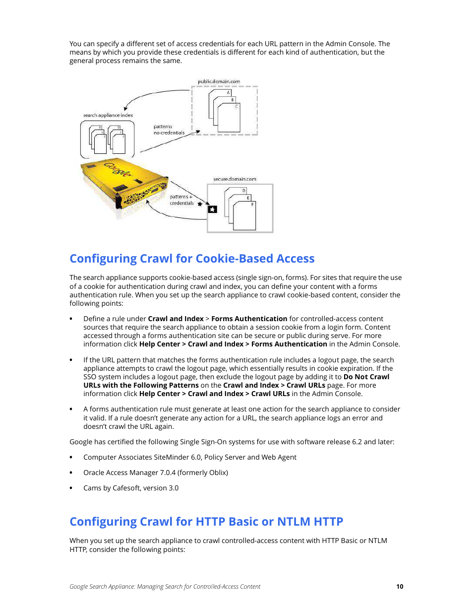 Configuring crawl for cookie-based access, Configuring crawl for http basic or ntlm http | Google Search Appliance Managing Search for Controlled-Access Content User Manual | Page 10 / 85
