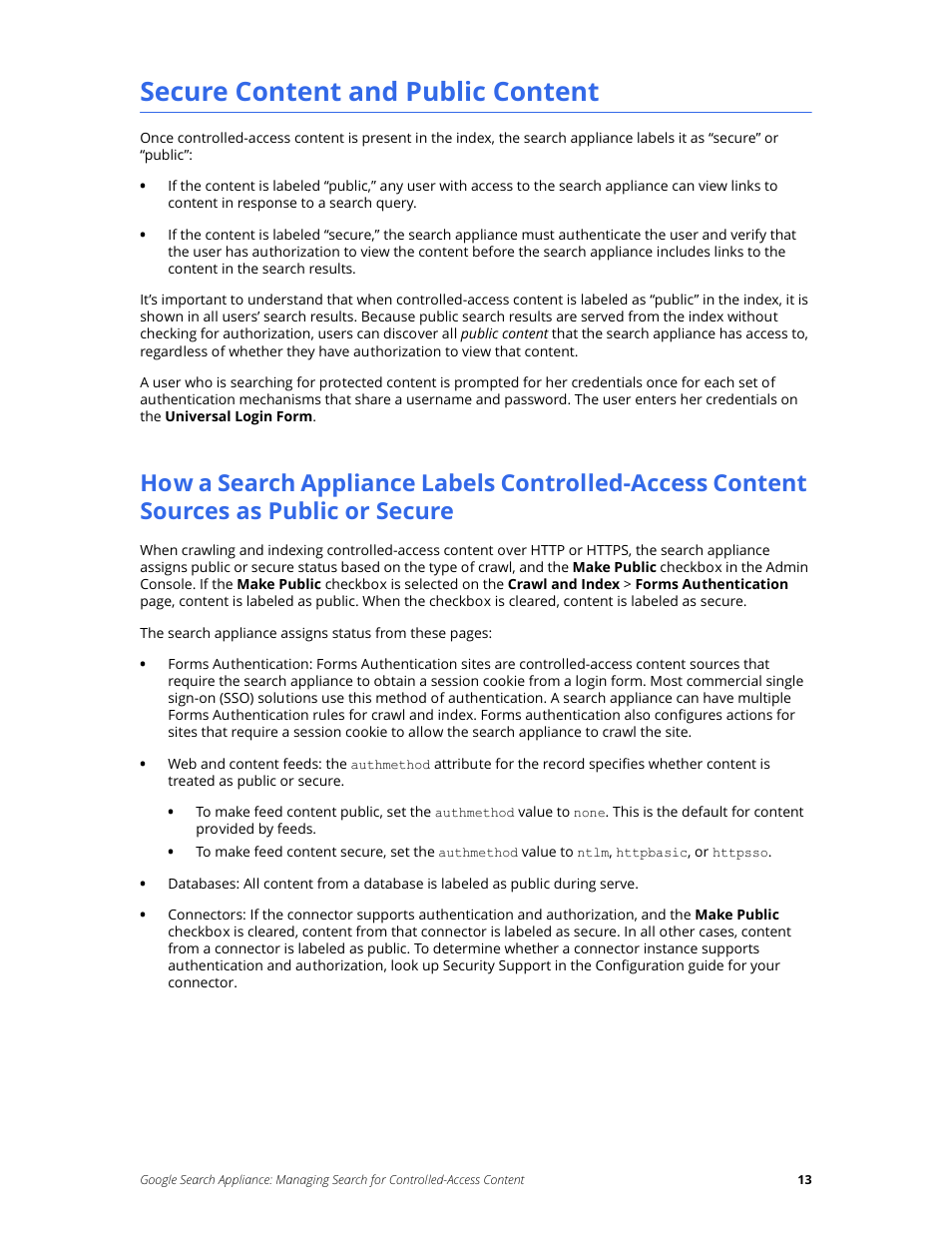 Secure content and public content, Or secure | Google Search Appliance Managing Search for Controlled-Access Content User Manual | Page 13 / 85
