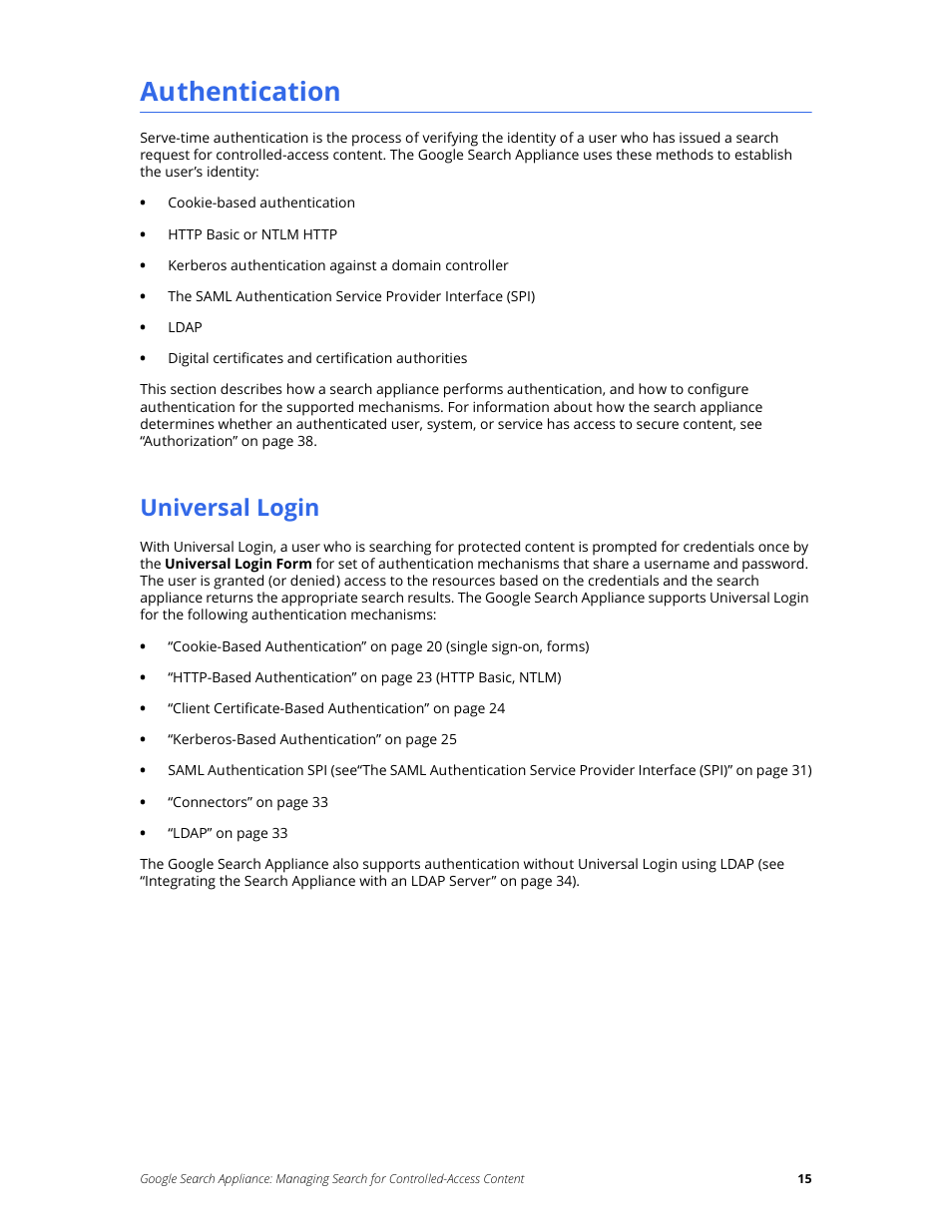 Authentication, Universal login | Google Search Appliance Managing Search for Controlled-Access Content User Manual | Page 15 / 85