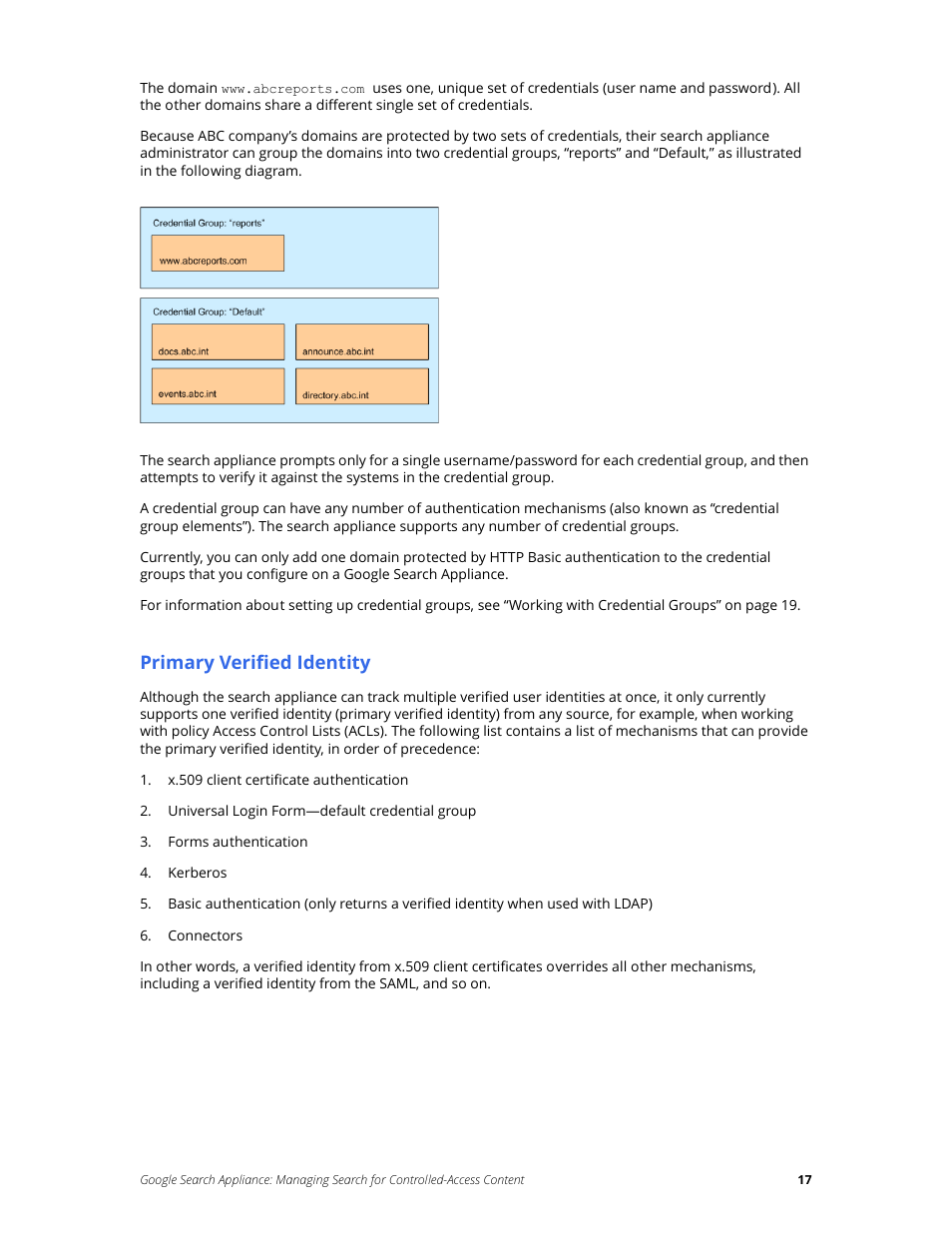 Primary verified identity | Google Search Appliance Managing Search for Controlled-Access Content User Manual | Page 17 / 85