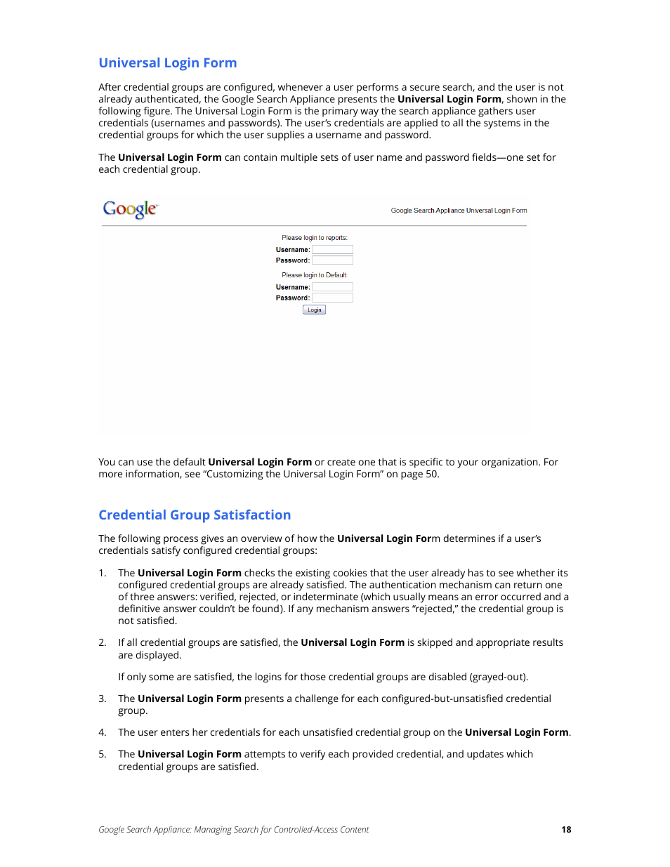 Universal login form, Credential group satisfaction | Google Search Appliance Managing Search for Controlled-Access Content User Manual | Page 18 / 85