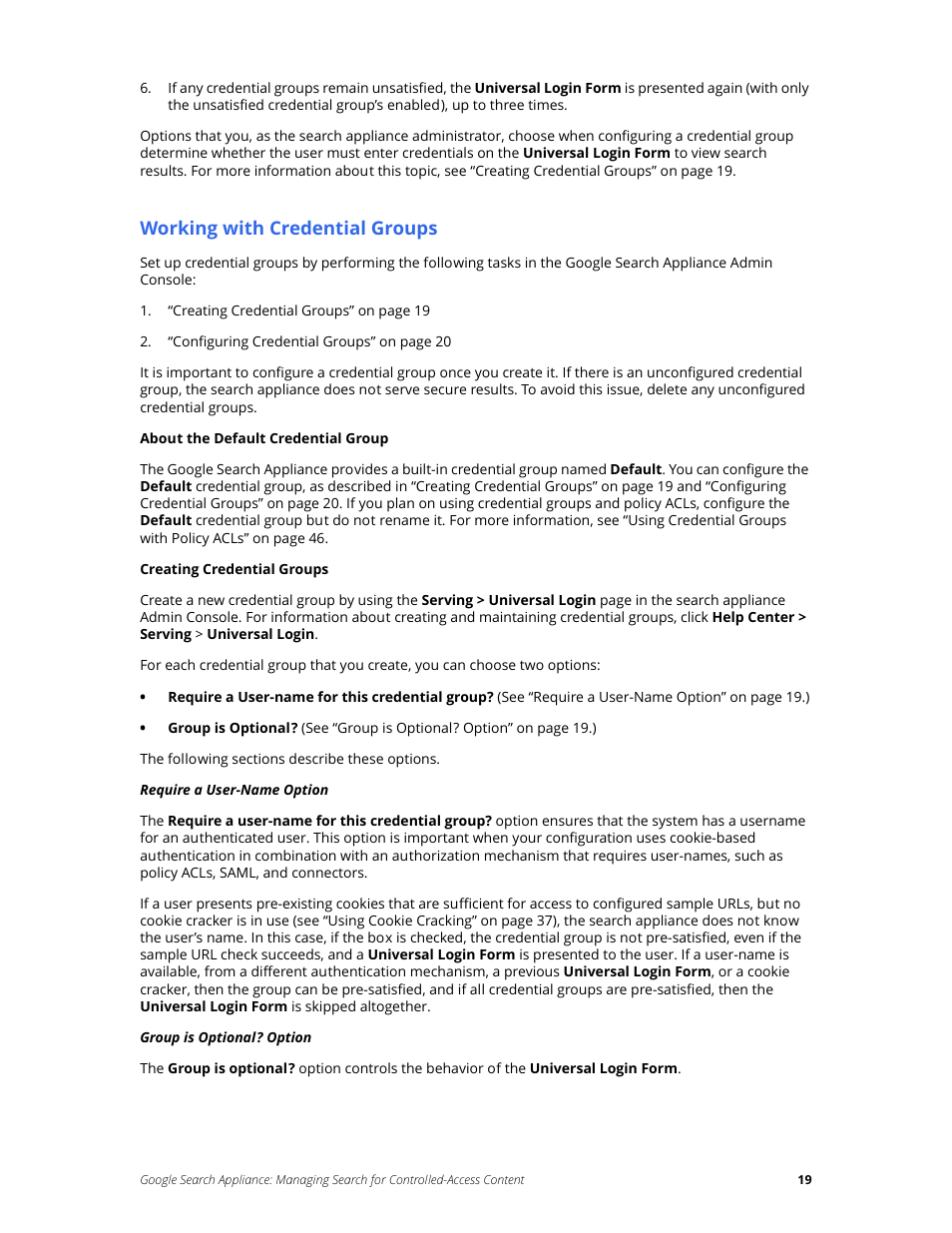 Working with credential groups | Google Search Appliance Managing Search for Controlled-Access Content User Manual | Page 19 / 85