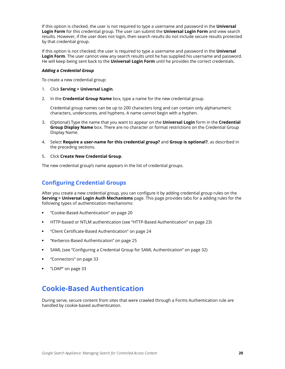 Configuring credential groups, Cookie-based authentication | Google Search Appliance Managing Search for Controlled-Access Content User Manual | Page 20 / 85