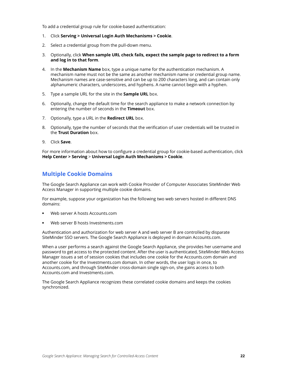 Multiple cookie domains | Google Search Appliance Managing Search for Controlled-Access Content User Manual | Page 22 / 85