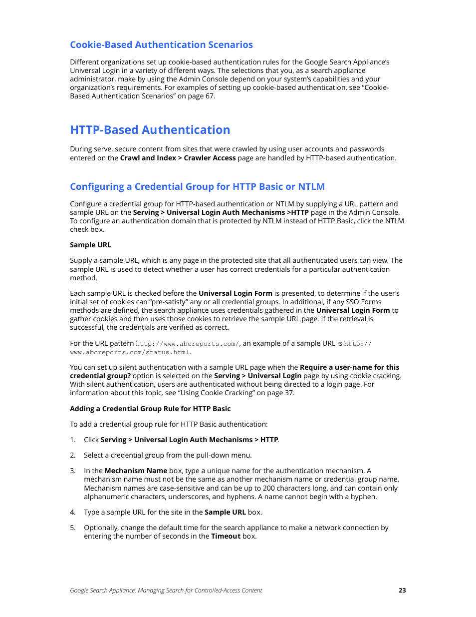 Cookie-based authentication scenarios, Http-based authentication | Google Search Appliance Managing Search for Controlled-Access Content User Manual | Page 23 / 85