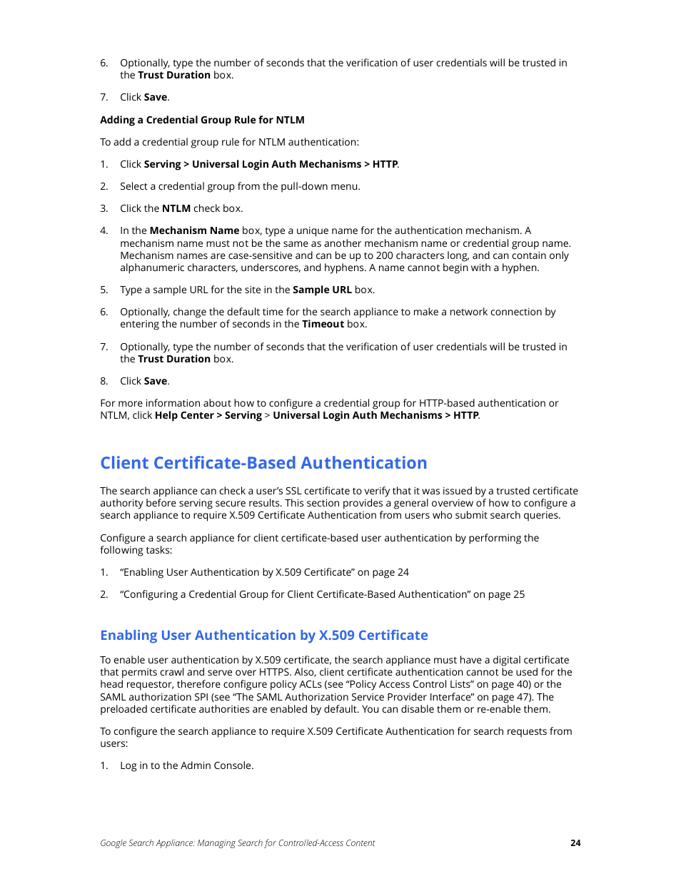 Client certificate-based authentication, Enabling user authentication by x.509 certificate | Google Search Appliance Managing Search for Controlled-Access Content User Manual | Page 24 / 85