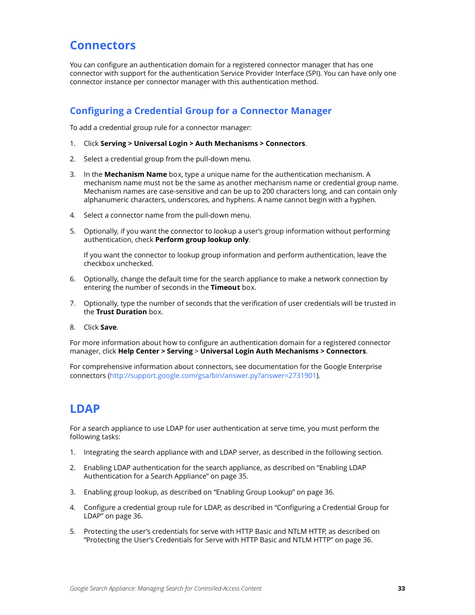 Connectors, Ldap | Google Search Appliance Managing Search for Controlled-Access Content User Manual | Page 33 / 85