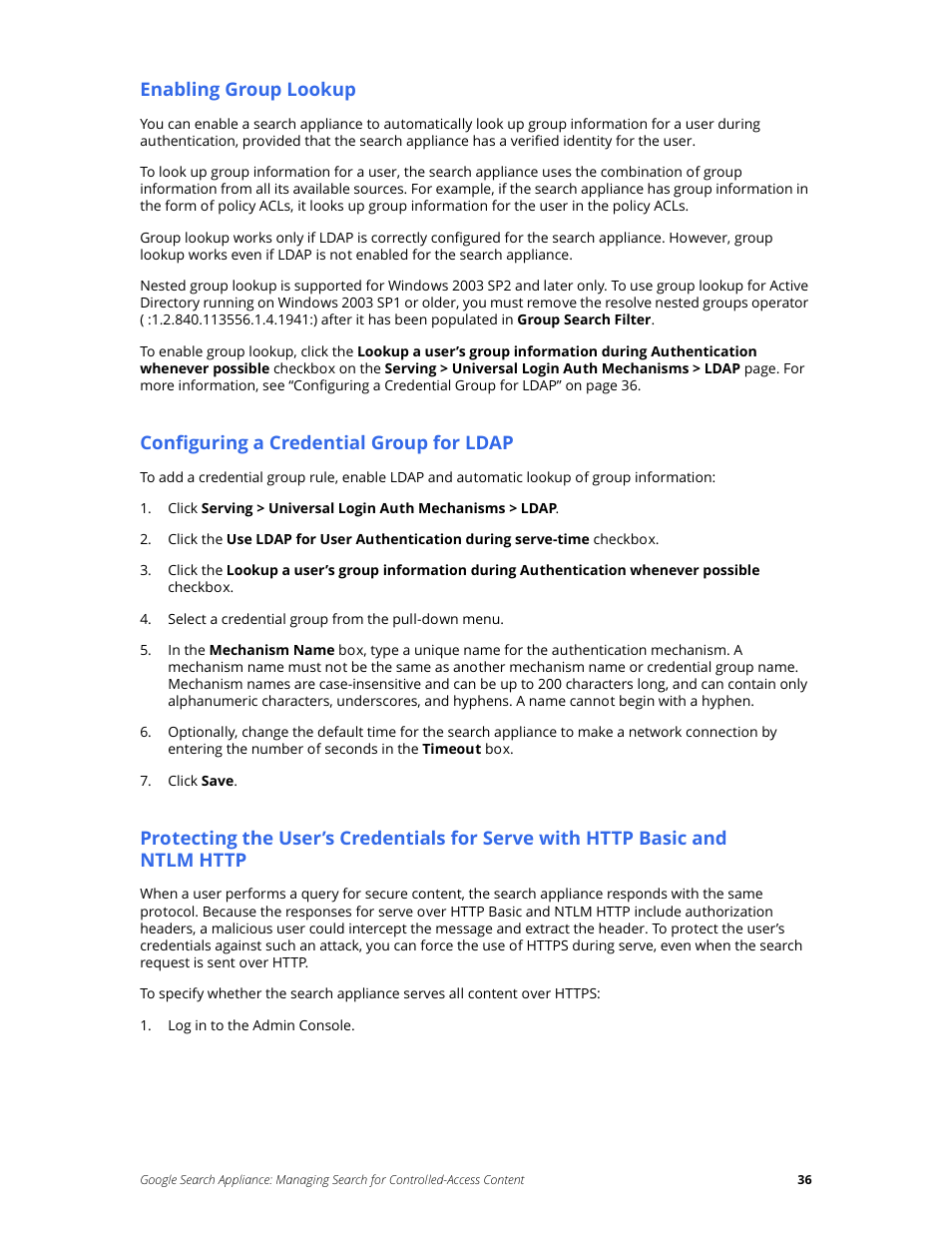 Enabling group lookup, Configuring a credential group for ldap | Google Search Appliance Managing Search for Controlled-Access Content User Manual | Page 36 / 85