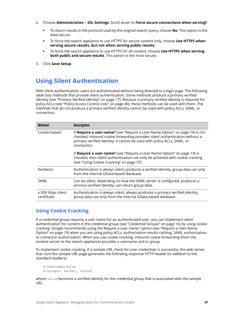 Using silent authentication, Using cookie cracking | Google Search Appliance Managing Search for Controlled-Access Content User Manual | Page 37 / 85