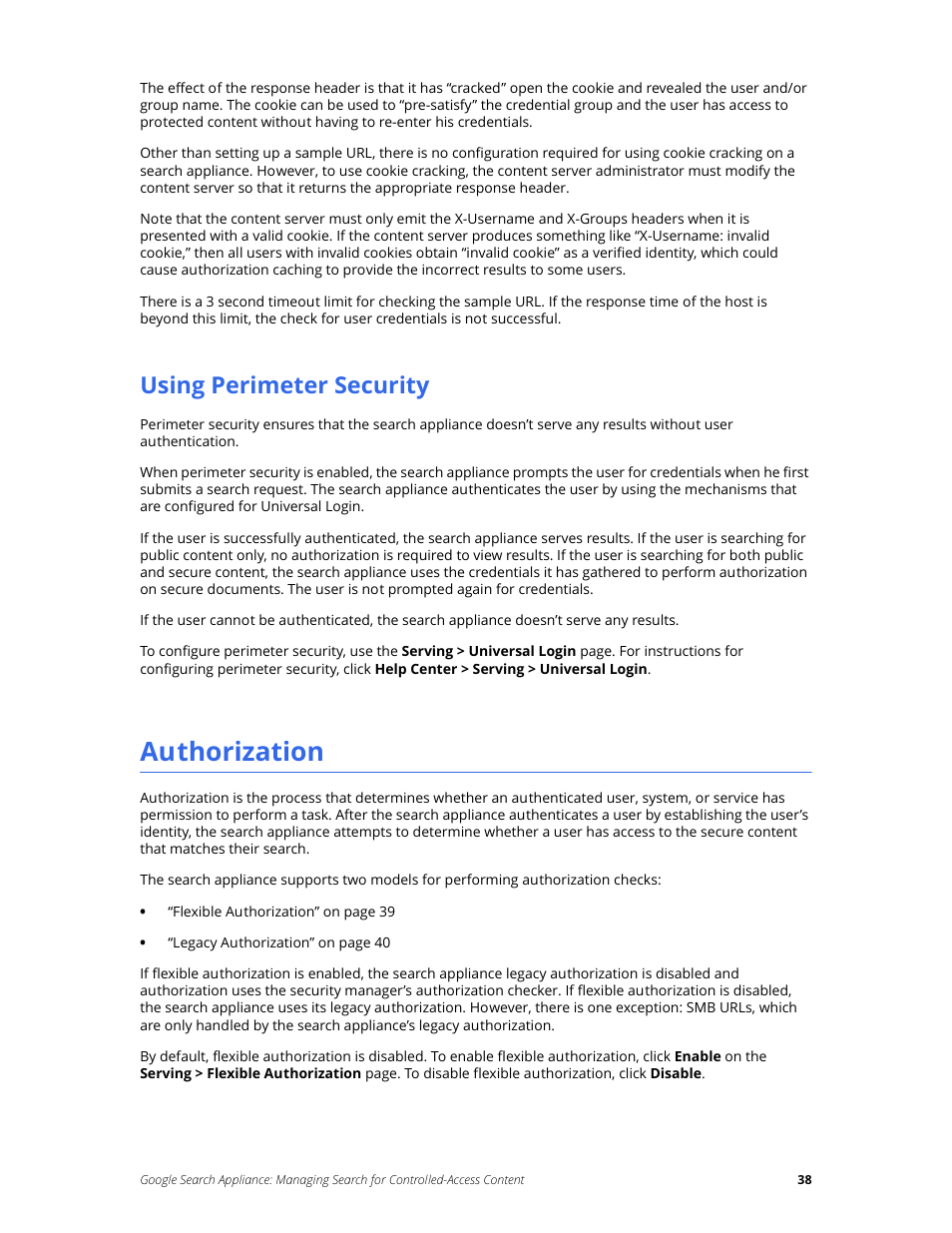 Using perimeter security, Authorization | Google Search Appliance Managing Search for Controlled-Access Content User Manual | Page 38 / 85