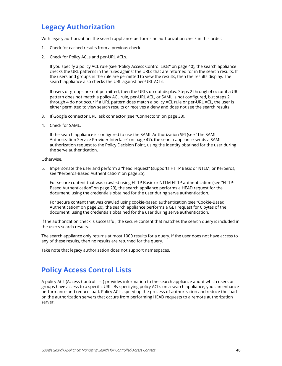 Legacy authorization, Policy access control lists | Google Search Appliance Managing Search for Controlled-Access Content User Manual | Page 40 / 85