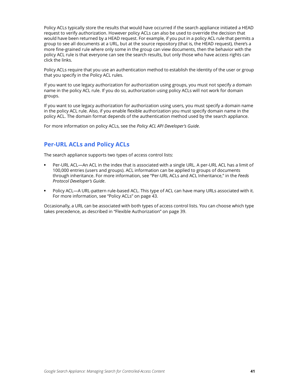 Per-url acls and policy acls | Google Search Appliance Managing Search for Controlled-Access Content User Manual | Page 41 / 85