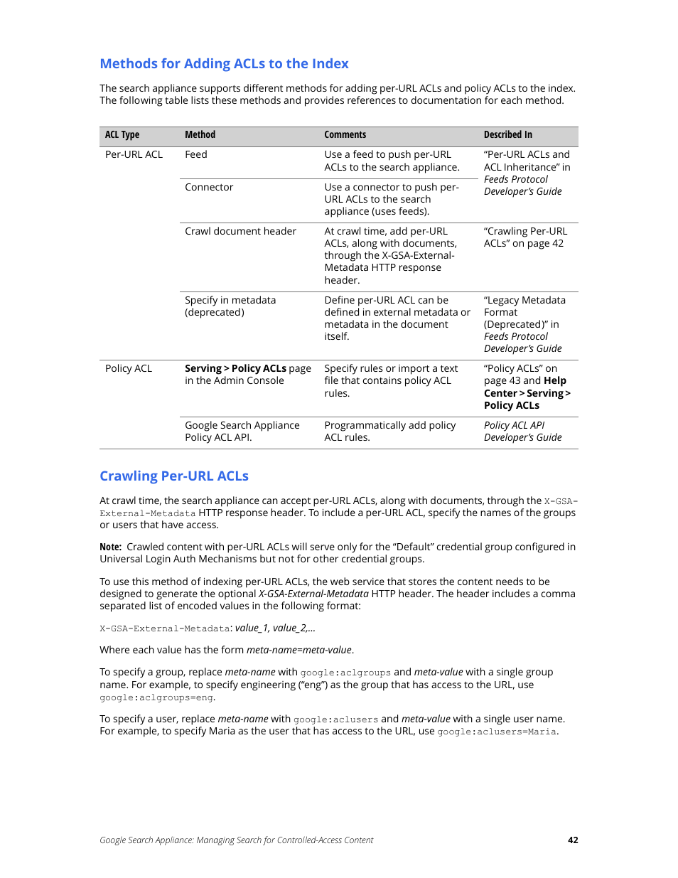 Methods for adding acls to the index, Crawling per-url acls | Google Search Appliance Managing Search for Controlled-Access Content User Manual | Page 42 / 85