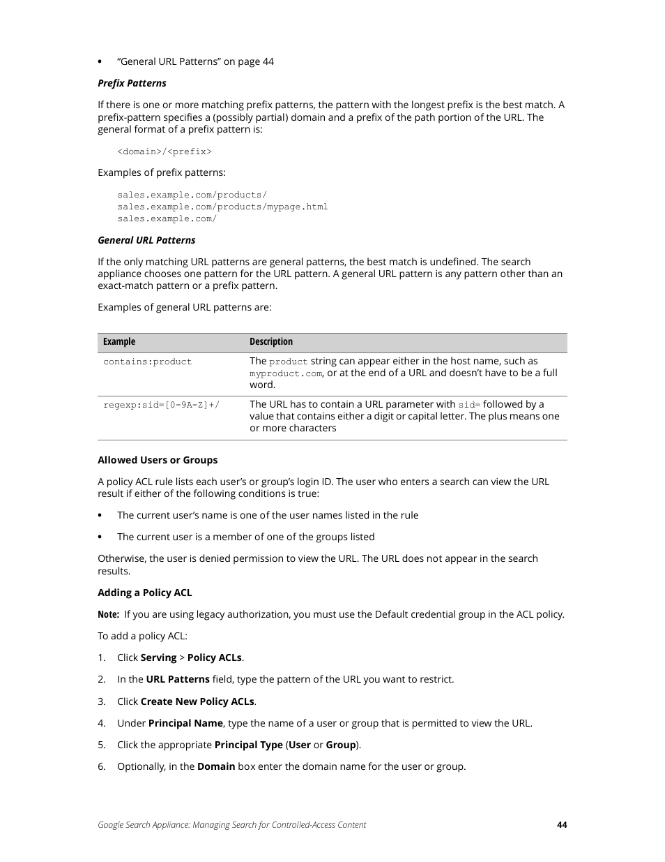 Prefix patterns | Google Search Appliance Managing Search for Controlled-Access Content User Manual | Page 44 / 85