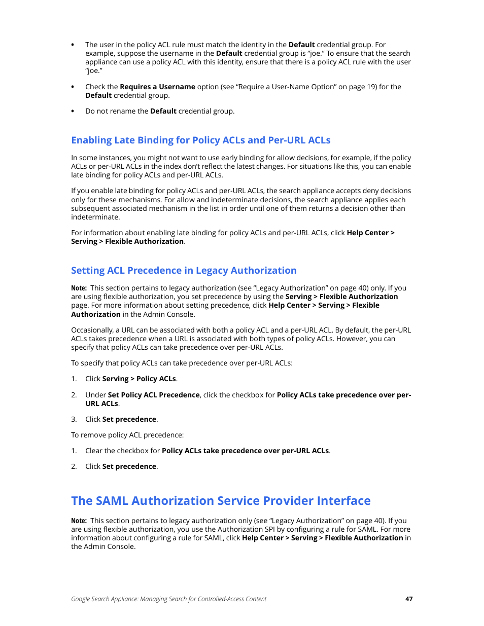 Setting acl precedence in legacy authorization, The saml authorization service provider interface | Google Search Appliance Managing Search for Controlled-Access Content User Manual | Page 47 / 85