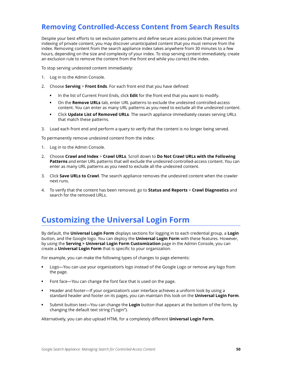 Customizing the universal login form | Google Search Appliance Managing Search for Controlled-Access Content User Manual | Page 50 / 85