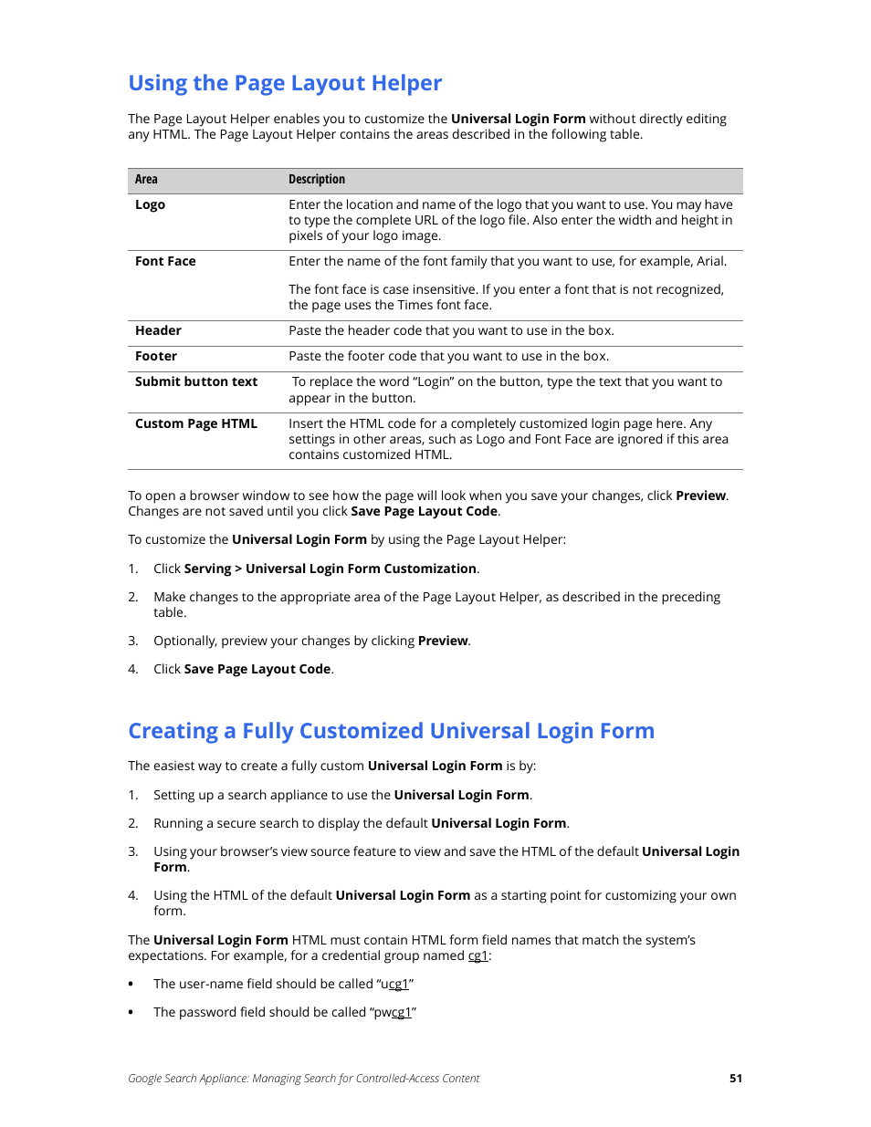 Creating a fully customized universal login form, Using the page layout helper | Google Search Appliance Managing Search for Controlled-Access Content User Manual | Page 51 / 85