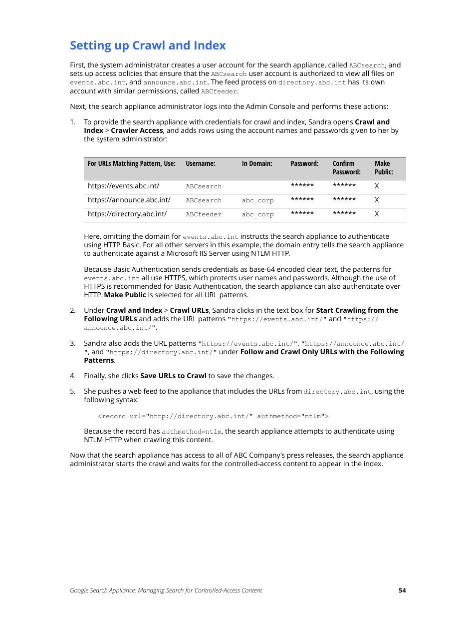 Setting up crawl and index | Google Search Appliance Managing Search for Controlled-Access Content User Manual | Page 54 / 85