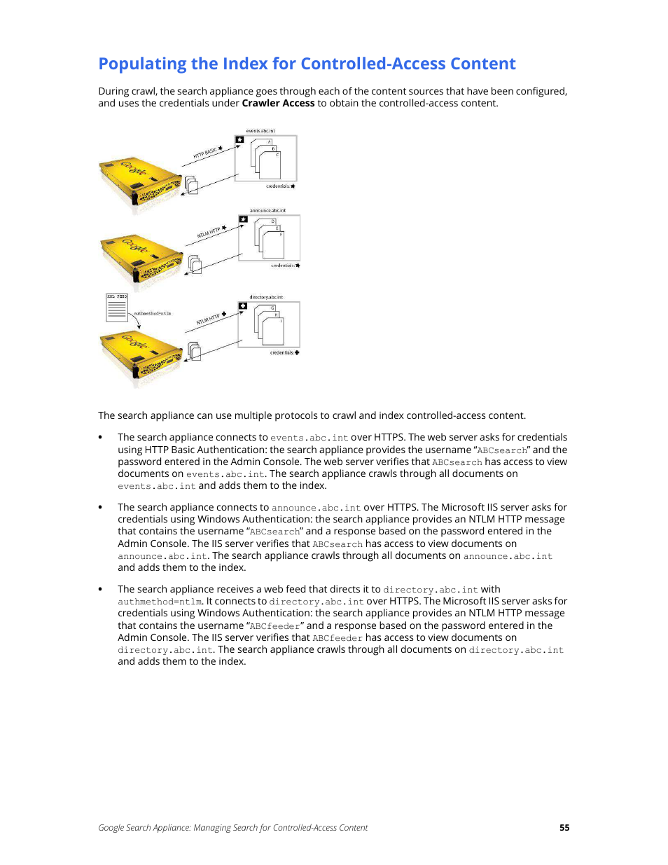 Populating the index for controlled-access content | Google Search Appliance Managing Search for Controlled-Access Content User Manual | Page 55 / 85