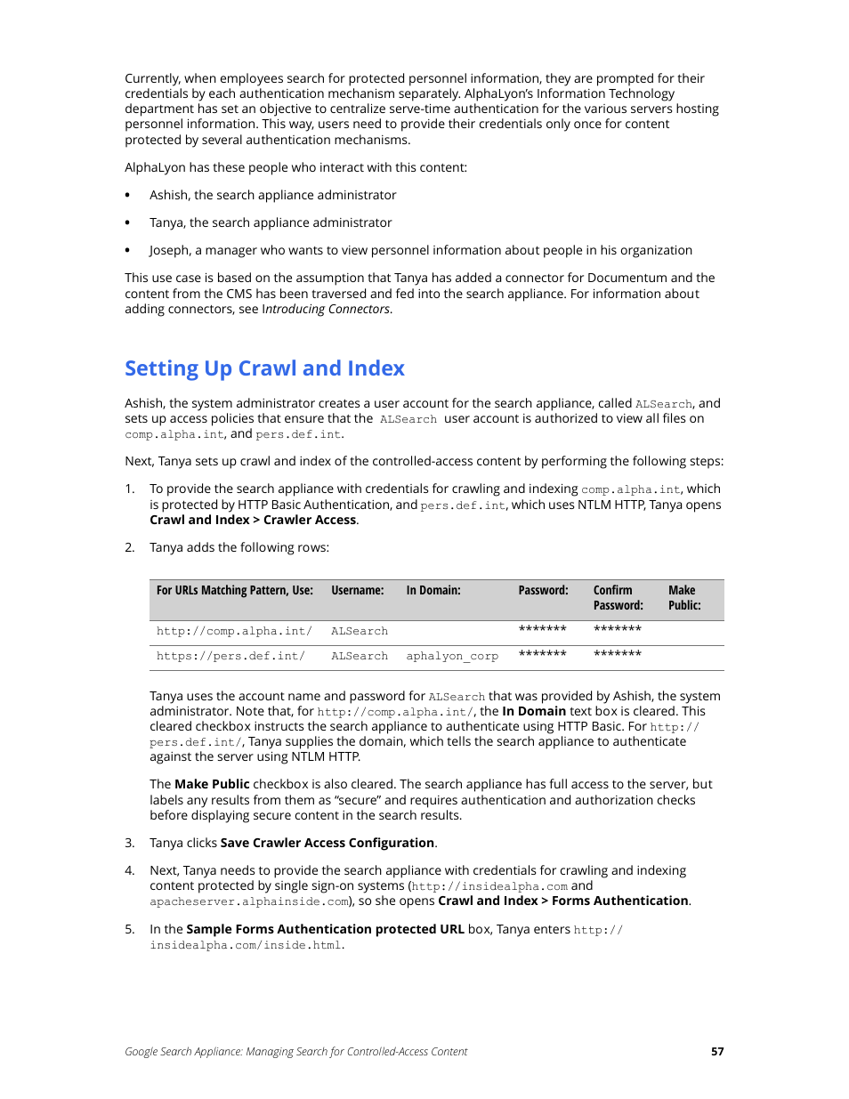 Setting up crawl and index | Google Search Appliance Managing Search for Controlled-Access Content User Manual | Page 57 / 85