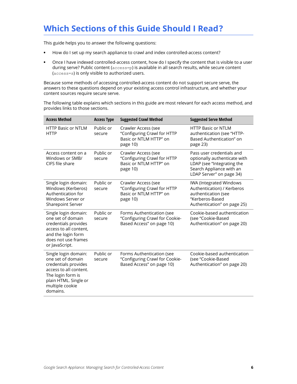 Which sections of this guide should i read | Google Search Appliance Managing Search for Controlled-Access Content User Manual | Page 6 / 85