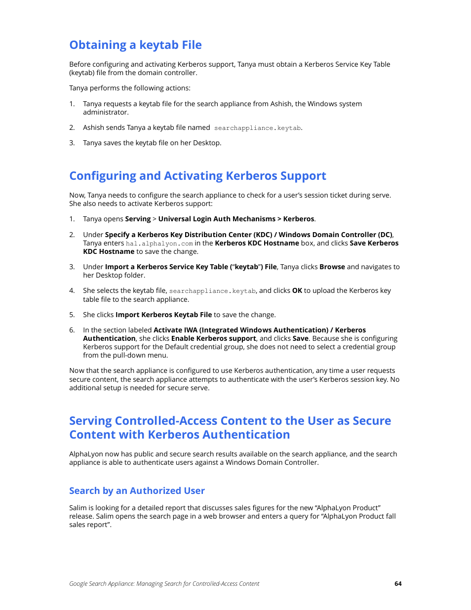 Obtaining a keytab file, Configuring and activating kerberos support, Search by an authorized user | Kerberos authentication | Google Search Appliance Managing Search for Controlled-Access Content User Manual | Page 64 / 85