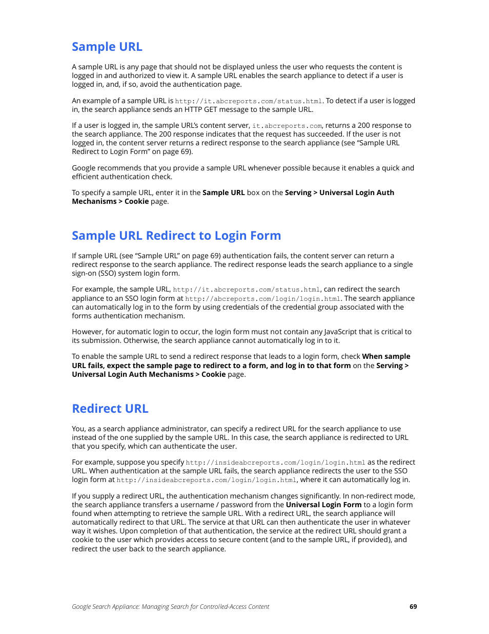 Sample url, Sample url redirect to login form, Redirect url | Google Search Appliance Managing Search for Controlled-Access Content User Manual | Page 69 / 85