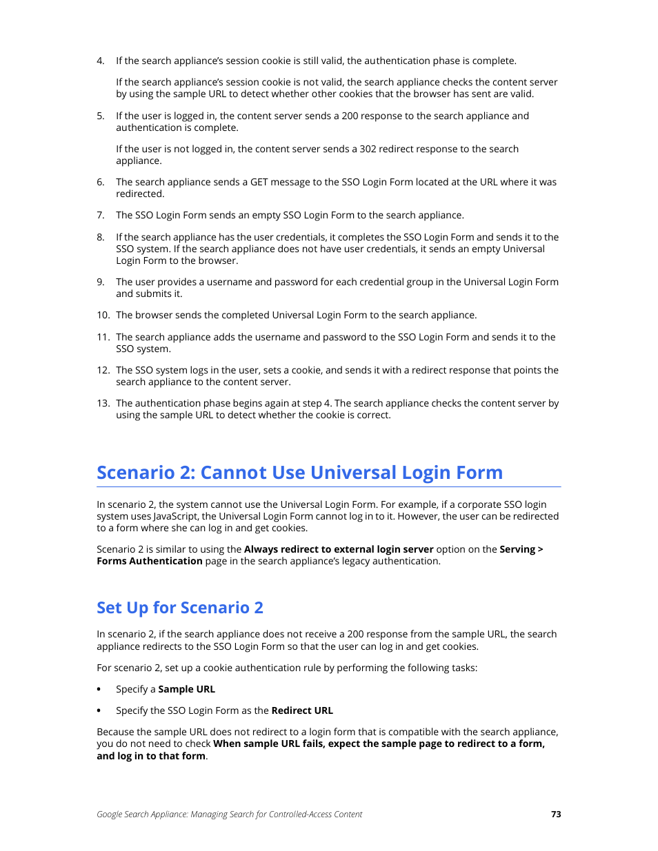 Scenario 2: cannot use universal login form, Set up for scenario 2 | Google Search Appliance Managing Search for Controlled-Access Content User Manual | Page 73 / 85