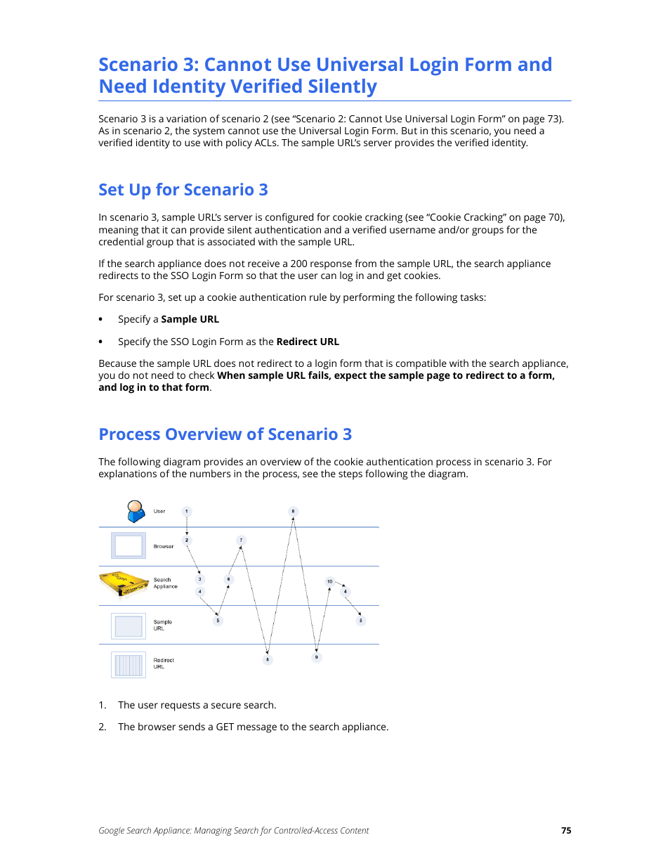 Set up for scenario 3, Process overview of scenario 3 | Google Search Appliance Managing Search for Controlled-Access Content User Manual | Page 75 / 85