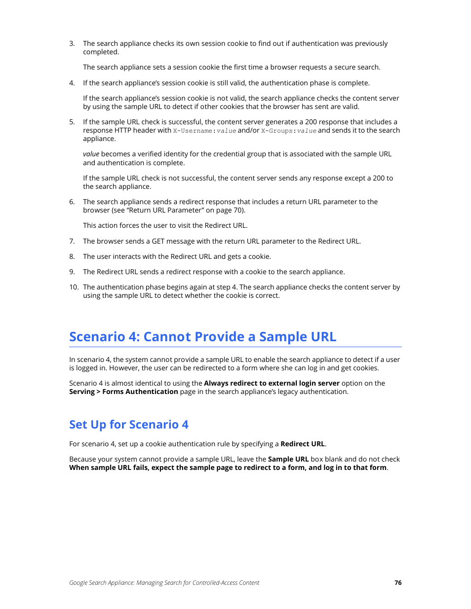 Scenario 4: cannot provide a sample url, Set up for scenario 4 | Google Search Appliance Managing Search for Controlled-Access Content User Manual | Page 76 / 85