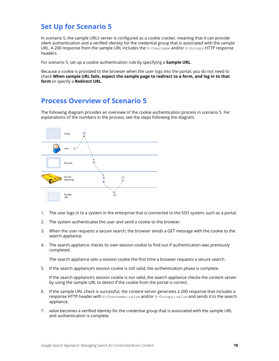 Set up for scenario 5, Process overview of scenario 5 | Google Search Appliance Managing Search for Controlled-Access Content User Manual | Page 78 / 85