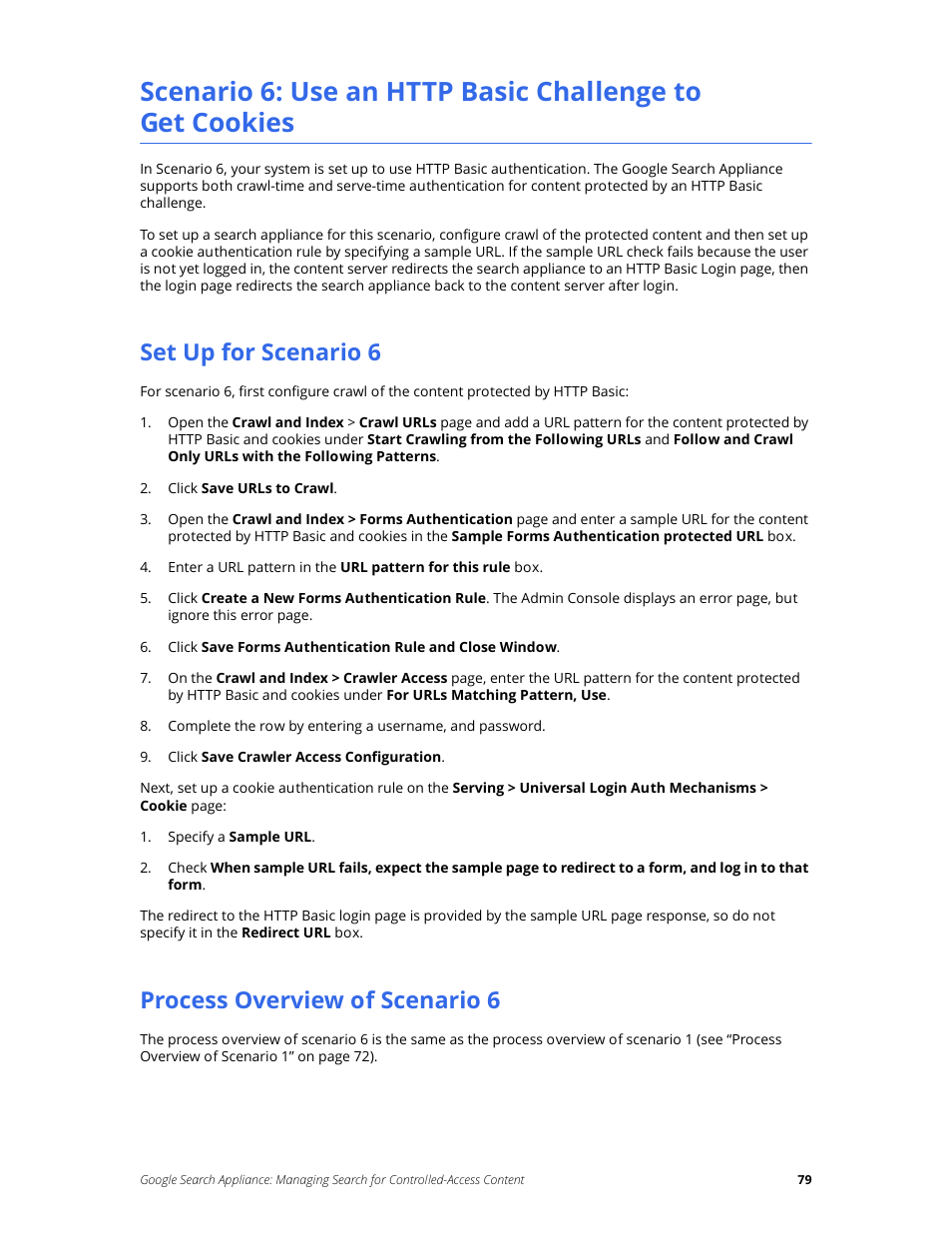 Set up for scenario 6, Process overview of scenario 6 | Google Search Appliance Managing Search for Controlled-Access Content User Manual | Page 79 / 85