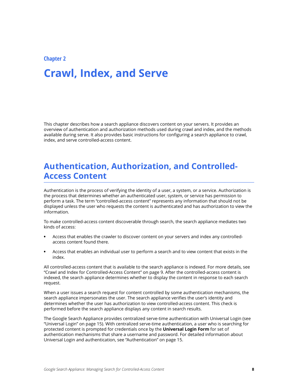 Crawl, index, and serve, Chapter 2 | Google Search Appliance Managing Search for Controlled-Access Content User Manual | Page 8 / 85